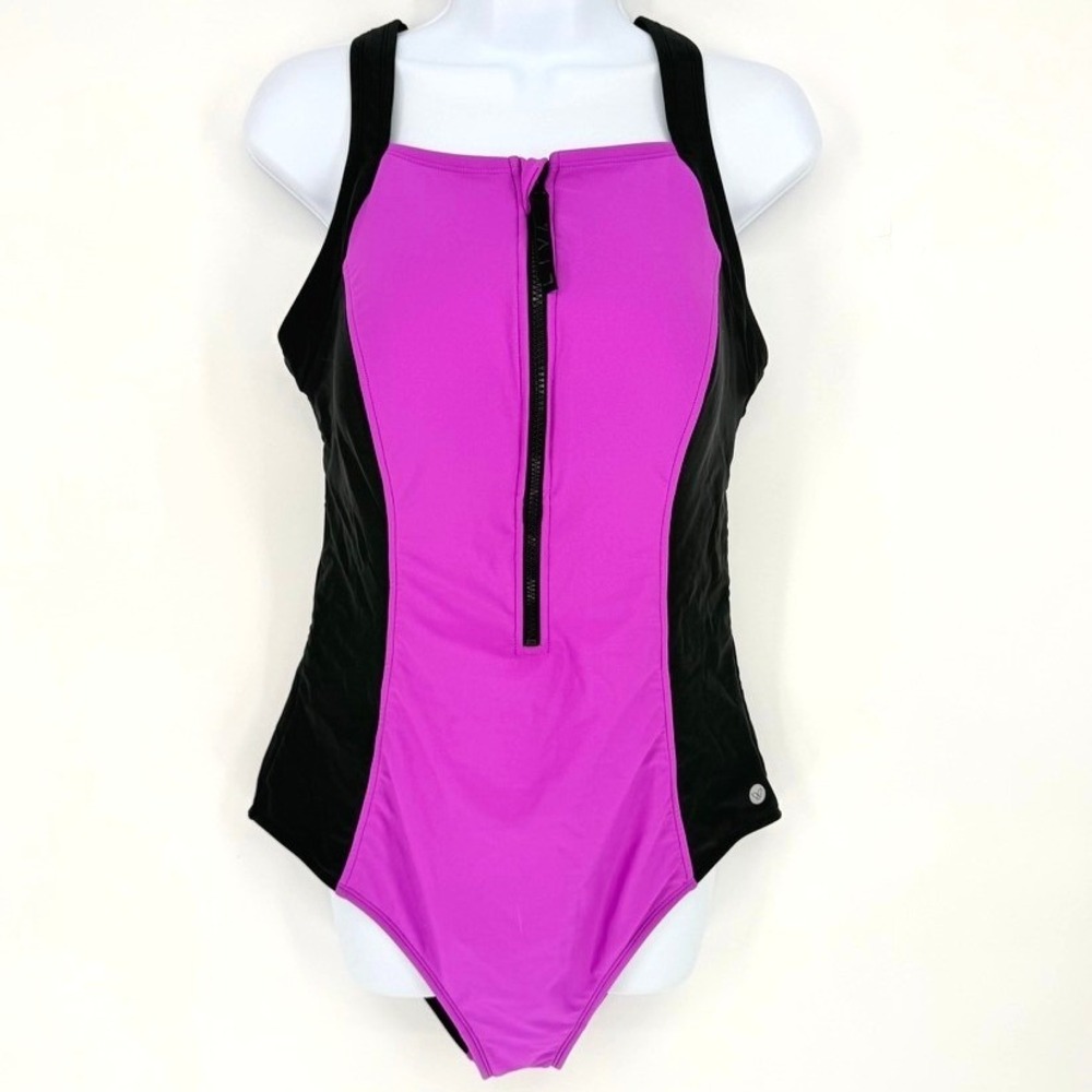 Livi Active Womens Size 18 Purple Black Colorblock Front Zip One Piece Swimsuit